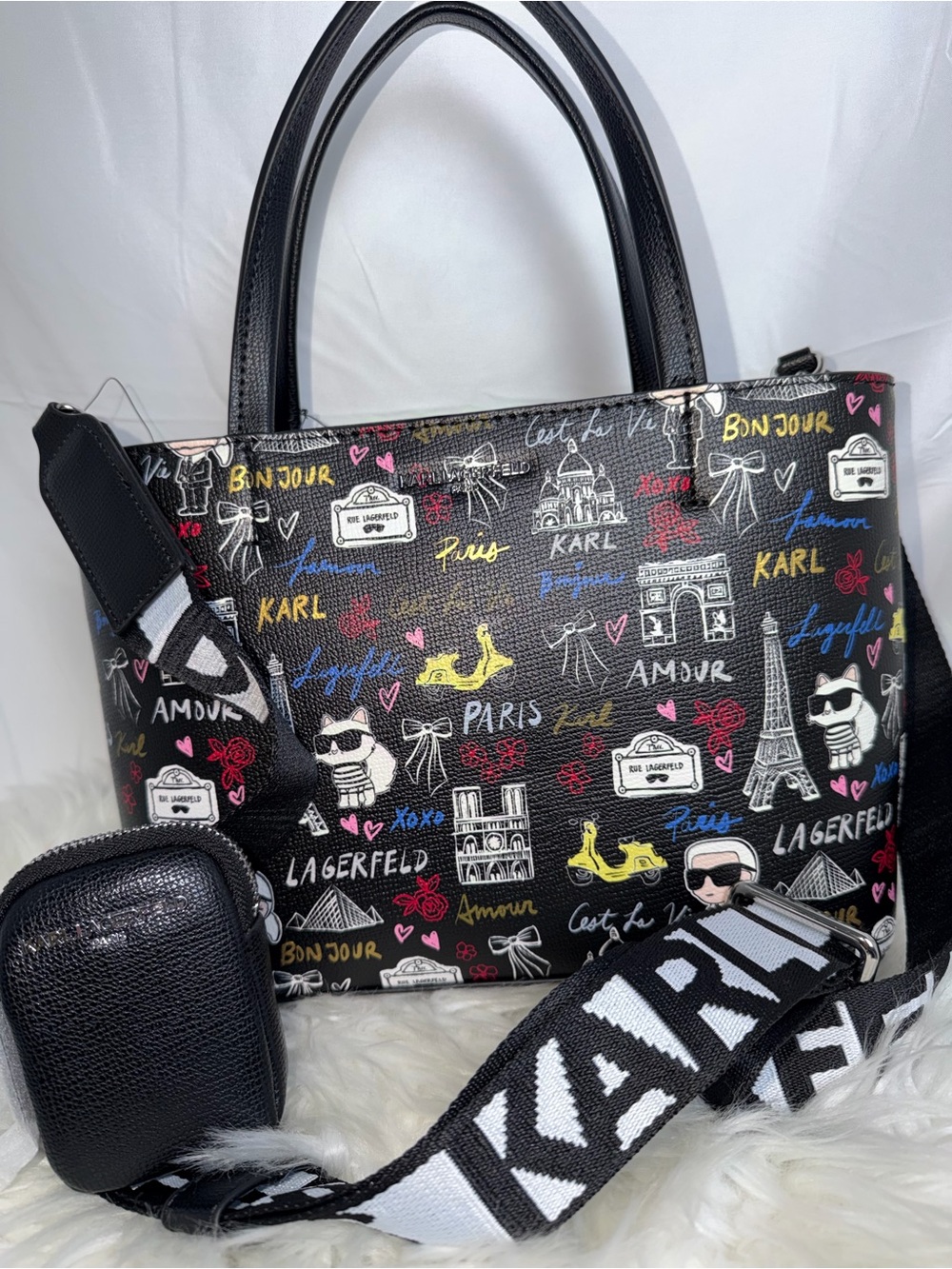 Karl Lagerfeld Black Paris Motif Tote with Branded Strap